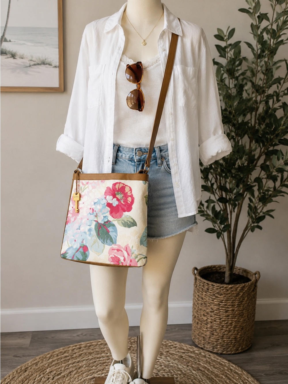 Fossil | Floral Canvas Crossbody Bag with Brown Leather Trim